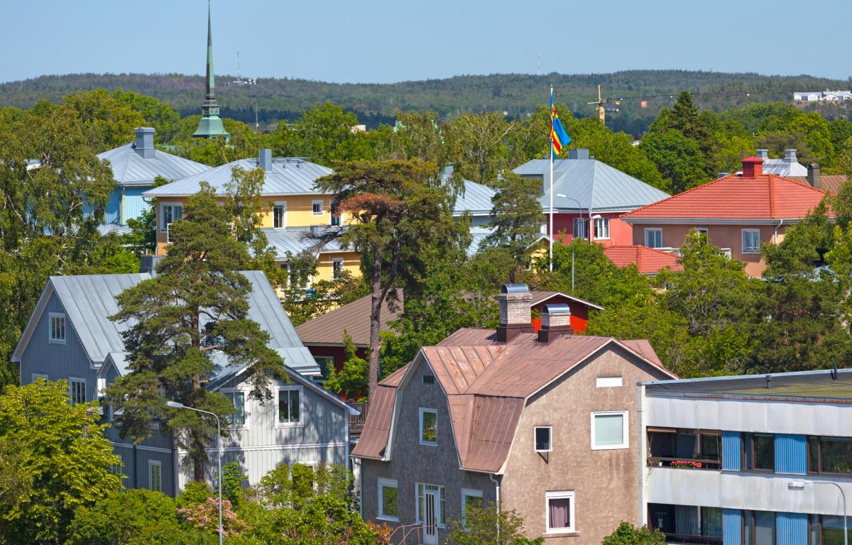 Bostadshus i Mariehamn från ovan.